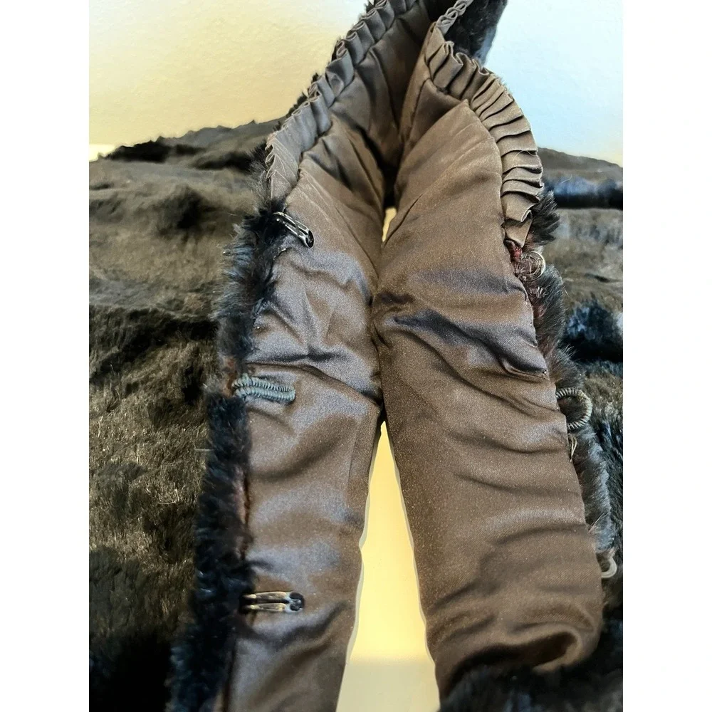 Vintage Fur Scarf Collar Shawl Wrap Black Plush w/ Ruching & Hook/Eye Closures
